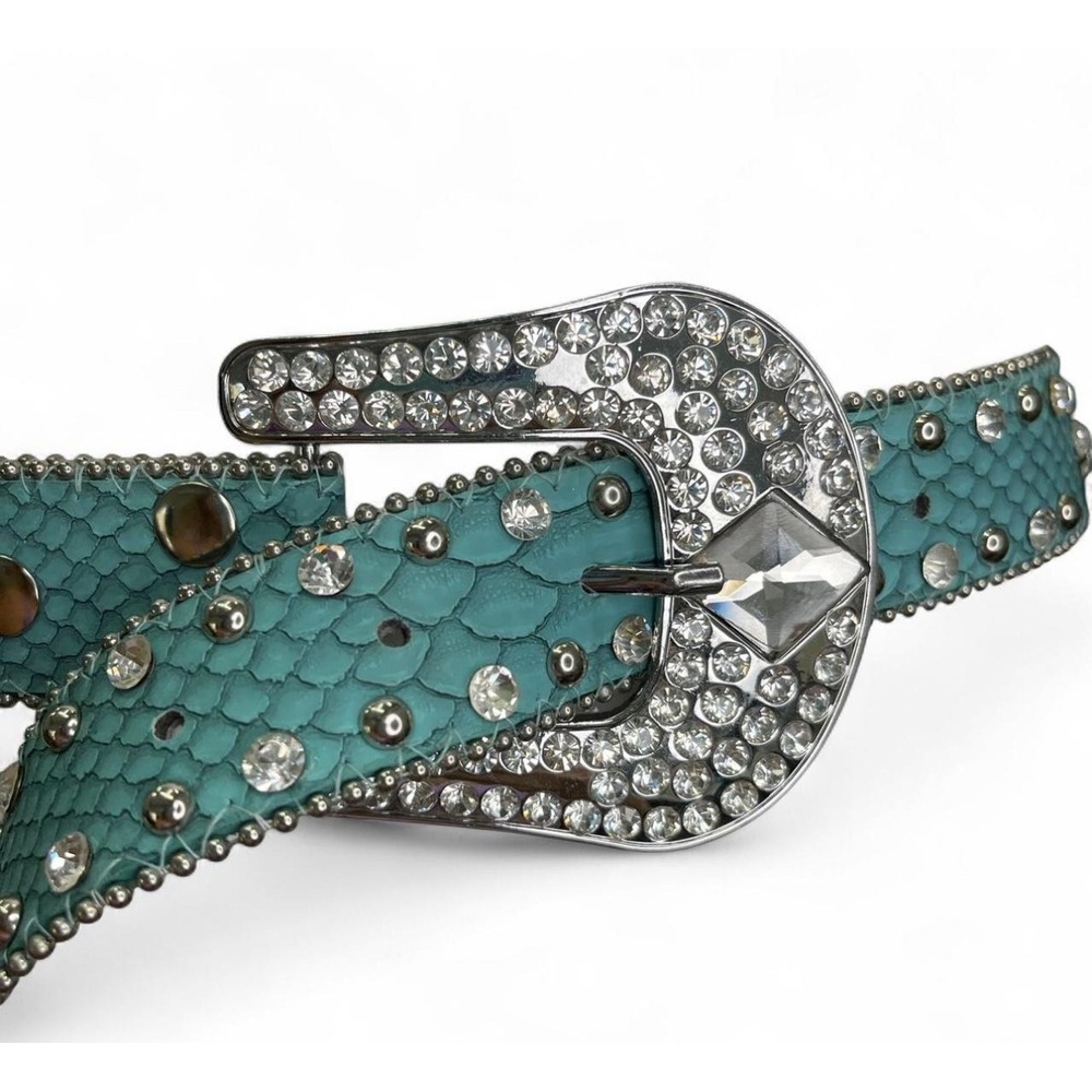 Western Teal Alligator Leather Belt Silver Stud Crystal Rhinestone Conchos Small - Picture 5 of 8